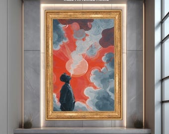 Puede incluir: Pintura abstracta en un marco dorado envejecido con patrones. La obra presenta a una persona mirando hacia un sol naranja brillante con nubes blancas y grises. El marco es rectangular y tiene un diseño envejecido y detallado.