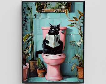 Funny Black Cat Bathroom Art, Cat Sitting on Pink Toilet, Animal Reading Newspaper, Whimsical Canvas Print, Eclectic Powder Room Decor