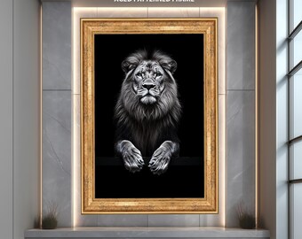 Black and White Lion Wall Art Print, Majestic Animal Portrait Poster, Powerful Wildlife Artwork, Modern Safari King Home Decor