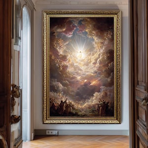 May include: A framed painting depicting a celestial scene with a figure in a bright light surrounded by clouds. The artwork features a gold ornate frame and a detailed depiction of figures below, with a dramatic sky.