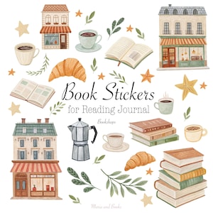 Puede incluir: Ilustraci&oacute;n en acuarela de pegatinas con tem&aacute;tica de libros para un diario de lectura. La imagen presenta pilas de libros, tazas de caf&eacute;, cruasanes, edificios, estrellas y el texto "Book Stickers for Reading Journal Bookshops".