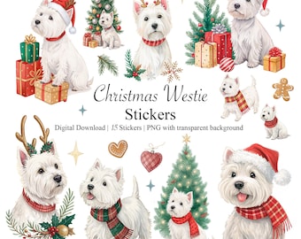 Weihnachten Westie Aufkleber - Urlaub Hund PNG Set | 15 festliche Sticker | Digitaler Download
