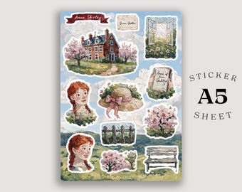 Anne auf Green Gables Aufkleber, Green Gables Aufkleberbogen, Anne Shirley Aufkleber, Literatur Aufkleber, Geschenk für Buchliebhaber, A5 Soft Touch Aufkleber