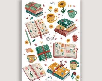 Bookish Stickers A5 - Gemütlicher Aquarell Stickerbogen, für Planer, Scrapbook, Journaling