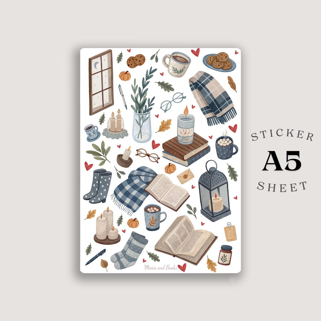 Cozy Books A5 Sticker Sheet - Watercolor Sticker, Planner & Scrapbook ...