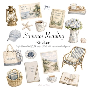May include: A collection of watercolor stickers with a summer reading theme. Includes a vintage lantern, books, a coffee mug, a beach scene, a tote bag, a baseball cap, and a wicker chair. The text "Summer Reading Stickers" is displayed.