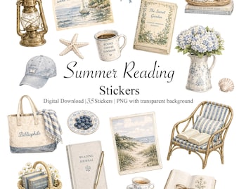 May include: A collection of watercolor stickers with a summer reading theme. Includes a vintage lantern, books, a coffee mug, a beach scene, a tote bag, a baseball cap, and a wicker chair. The text "Summer Reading Stickers" is displayed.