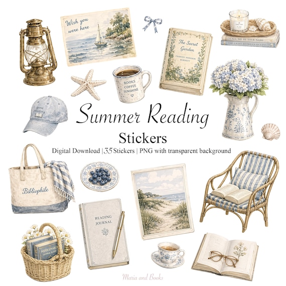 Summer Reading Stickers PNG Bundle, Coastal Book Lover Digital Stickers, Cottagecore Reading Journal, GoodNotes, Vintage Books Clipart