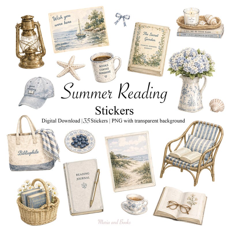 Vintage summer reading digital stickers with books, hydrangeas and coastal aesthetic