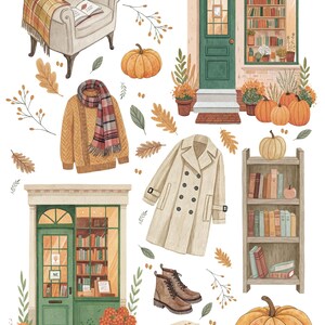 May include: Watercolor illustration featuring autumn-themed items. Includes a cozy armchair with a plaid blanket, pumpkins, a sweater, a scarf, a coat, boots, and a bookshelf. Two storefronts with books and plants are also depicted. The text "Maria and Books" is visible.