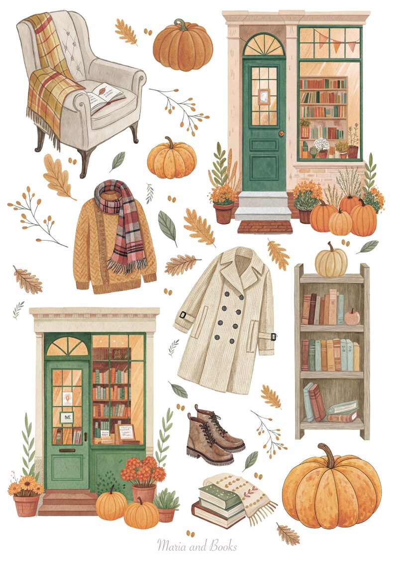 May include: Watercolor illustration featuring autumn-themed items. Includes a cozy armchair with a plaid blanket, pumpkins, a sweater, a scarf, a coat, boots, and a bookshelf. Two storefronts with books and plants are also depicted. The text "Maria and Books" is visible.
