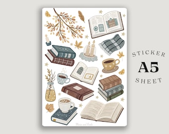 Cozy Herbst Bücher Sticker Blatt - Planer Scrapbooking (A5)