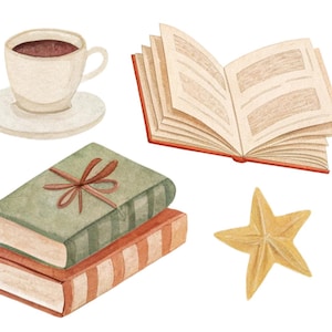 Puede incluir: Ilustraci&oacute;n en acuarela de una taza de caf&eacute; sobre un platillo, un libro abierto con lomo rojo, dos libros apilados y una estrella dorada. Los libros son verdes y naranjas con una cinta marr&oacute;n.