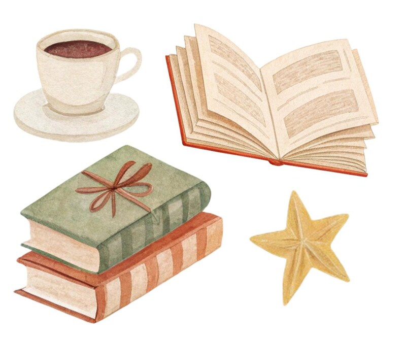 Puede incluir: Ilustraci&oacute;n en acuarela de una taza de caf&eacute; sobre un platillo, un libro abierto con lomo rojo, dos libros apilados y una estrella dorada. Los libros son verdes y naranjas con una cinta marr&oacute;n.