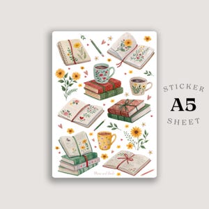 May include: A5 sticker sheet with watercolour illustrations of books, sunflowers, coffee mugs, and pencils. The books are open, with floral and butterfly designs. The sticker sheet has the text "Sticker A5 Sheet".