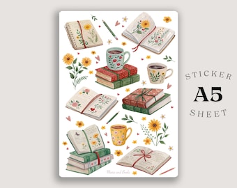 Watercolor Book Stickers – Cozy Tea, Floral A5 Sticker Sheet