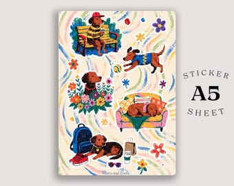 Gemütlicher Hund Stickerbogen | Gouache Illustrationen für Journals, Planer (A5 Matte)