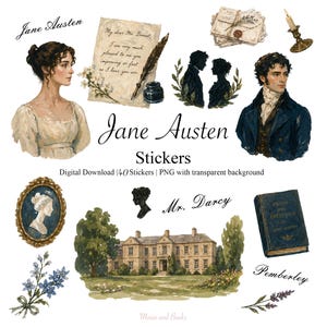 May include: A collection of Jane Austen-themed stickers featuring portraits, quotes, and illustrations. Includes images of characters, a quill, a letter, a book, and a stately home. The text reads "Jane Austen Stickers".
