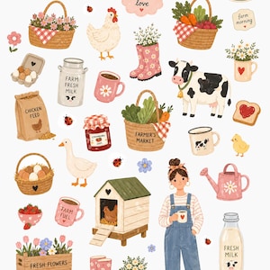 Farm themed digital sticker sheet with chickens, cow, baskets, flowers, eggs, jam and cozy cottagecore elements in soft watercolor style