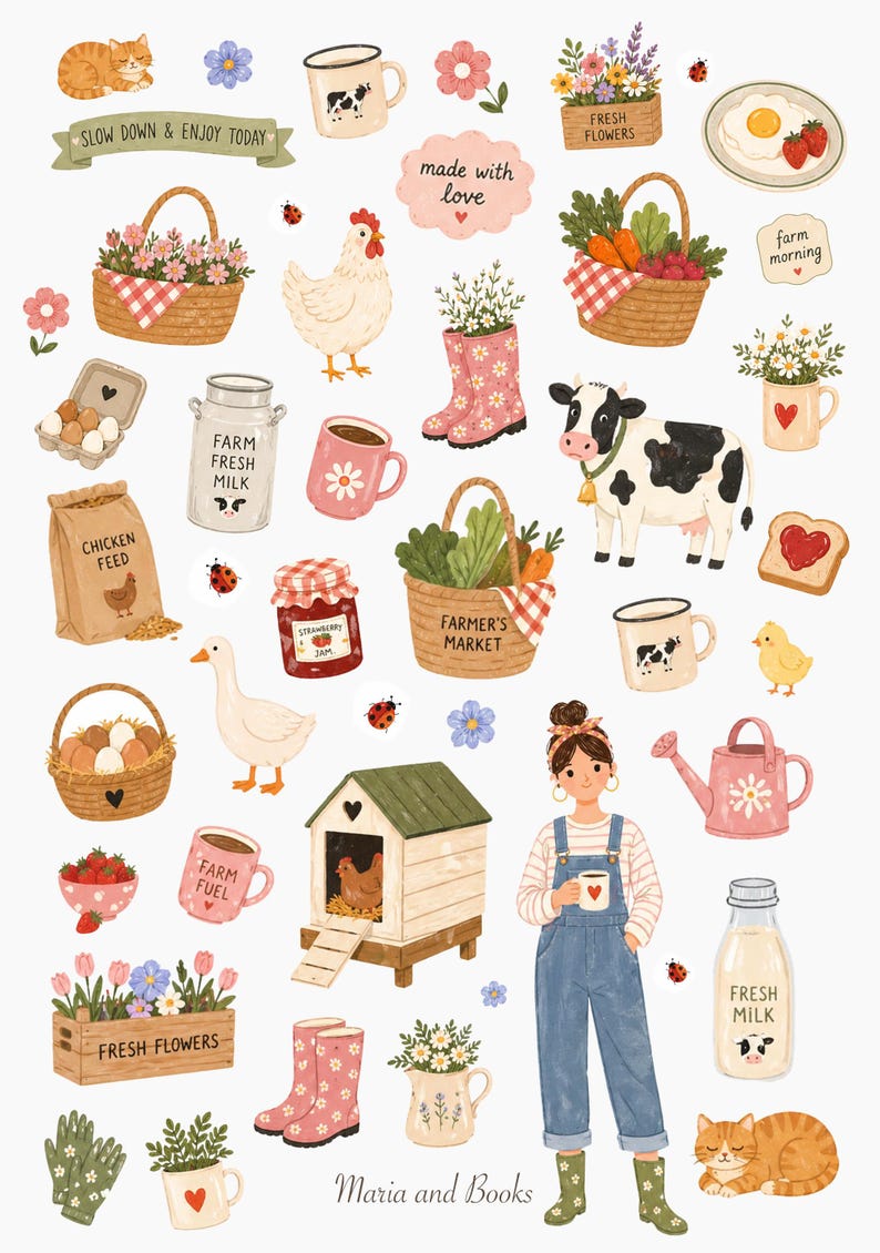 Farm themed digital sticker sheet with chickens, cow, baskets, flowers, eggs, jam and cozy cottagecore elements in soft watercolor style