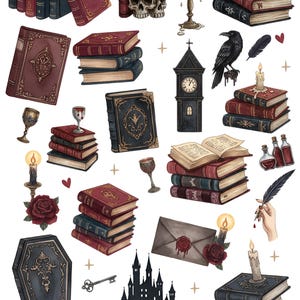 Vampire romance sticker set with gothic bookshelves, candles, potions and dark love story lettering in watercolor style
