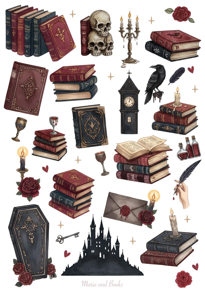 Vampire romance sticker set with gothic bookshelves, candles, potions and dark love story lettering in watercolor style