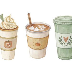 May include: Watercolor illustration of three fall-themed coffee cups. One has whipped cream and a green heart, another has a cinnamon stick, and the third has a heart and leaf design. Each cup has a decorative sleeve with a pumpkin or heart.