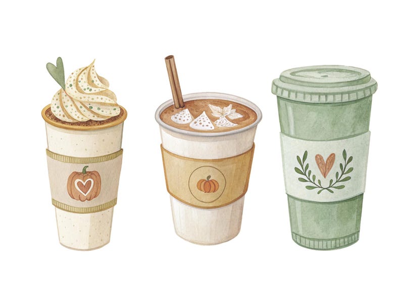 May include: Watercolor illustration of three fall-themed coffee cups. One has whipped cream and a green heart, another has a cinnamon stick, and the third has a heart and leaf design. Each cup has a decorative sleeve with a pumpkin or heart.