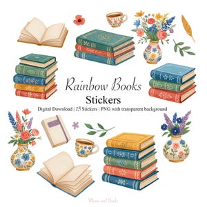 Stickers Rainbow Books – gezellige leesgrage aquarelstickers, bloemen lezen, digitale download voor GoodNotes