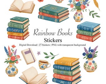 Regenbogen Bücher Aufkleber – Liebevolle Bücherwurm Aquarell Aufkleber, Florale Lektüre, Digitaler Download für GoodNotes