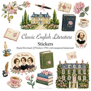 Pegatinas de literatura clásica inglesa / Jane Austen, Brontë, Shakespeare (Descarga digital)