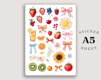 Sommer Obst & Kokette Sticker Bogen - A5 Niedliche Schleifen, Zitrus und Blumen Sticker für Journaling