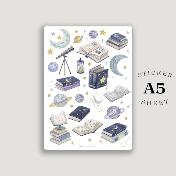 Stickers pour agendas – Stickers livresques célestes – Feuille d'autocollants A5 pour journal Galaxy – Décoration littéraire en vinyle mat