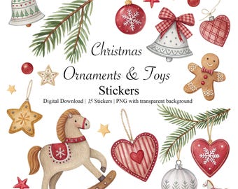 May include: Watercolor illustration of Christmas ornaments and toys, including bells, stars, hearts, and a gingerbread man. The image features a rocking horse, a Christmas tree branch, and a red and white color scheme. The text "Christmas Ornaments & Toys Stickers" is also present.