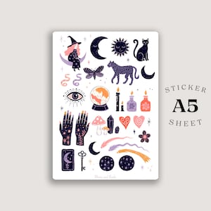 May include: An A5 sticker sheet featuring various celestial and mystical illustrations in purple, orange, and black. Designs include a witch on a crescent moon, a cat, a leopard, a crystal ball, hands with star patterns, mushrooms, hearts, and stars.