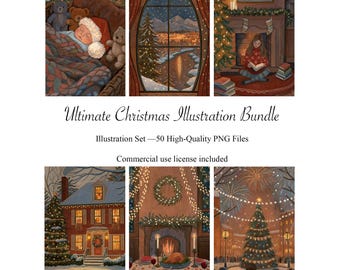 Puede incluir: Un paquete de arte digital con seis ilustraciones navideñas. Las escenas incluyen un Papá Noel durmiendo, un paisaje nevado, una persona leyendo junto a una chimenea, una casa decorada, una cena festiva y fuegos artificiales. El texto dice "Ultimate Christmas Illustration Bundle".
