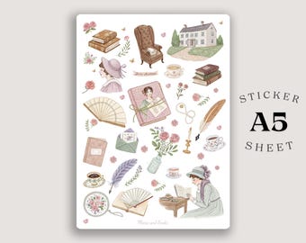 Jane Austen Sticker Sheet – Watercolor Regency Era, Bookish Stickers