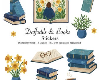 Narzissen und Bücher Aufkleber | Digitales Lesen Sticker für GoodNotes & Journals