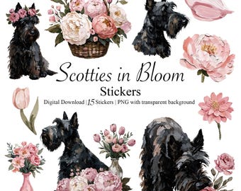 Scottie Hund Blumen Aufkleber, Malerische Scottish Terrier Clipart (digitaler Download)