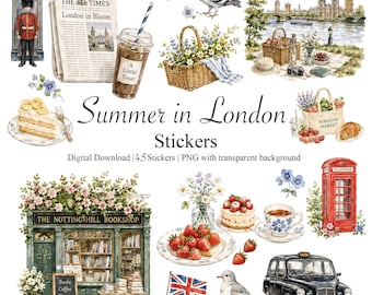 May include: A collection of watercolor stickers featuring London-themed illustrations including a red telephone box, a black taxi, a bookshop, a picnic basket, a pigeon, a newspaper titled The Times, and various food items like strawberries and cake.