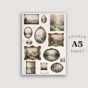 Puede incluir: Una hoja de pegatinas A5 con varios paisajes en marcos marrones ornamentados de estilo antiguo. Los diseños incluyen escenas de lagos, jardines, casas y arreglos florales en tonos suaves y apagados. El texto dice Sticker A5 Sheet.