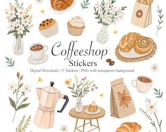 Set de stickers para cafetería: imágenes prediseñadas de acogedora panadería, 15 stickers PNG (descarga digital)