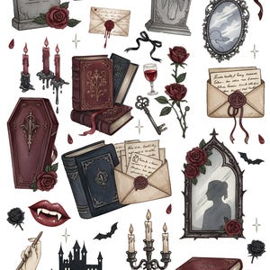 Gothic book stickers with skulls, candles, ravens, castle silhouette and dark romance watercolor aesthetic