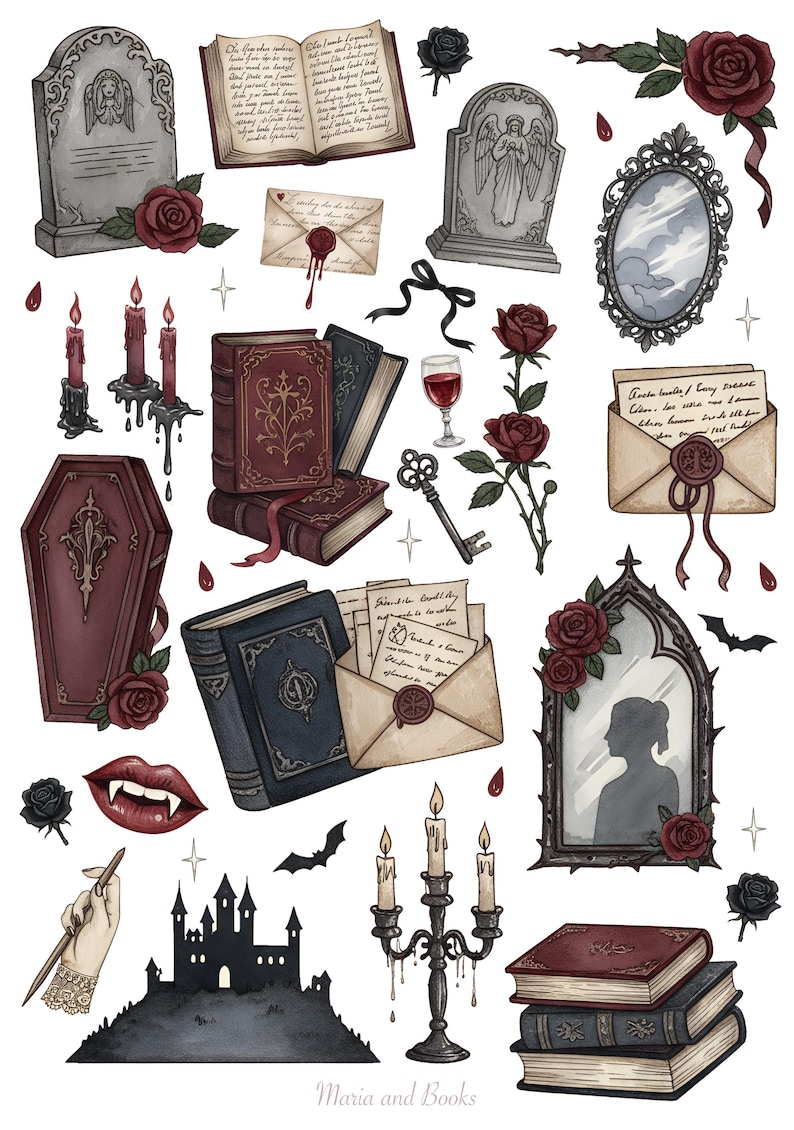 Gothic book stickers with skulls, candles, ravens, castle silhouette and dark romance watercolor aesthetic