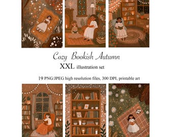 Hygge Autumn Illustration Bundle: Bookish Clipart, Cozy Fall Art (PNG)