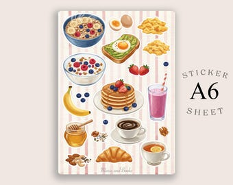 A6 Frühstück Sticker Bogen | Pfannkuchen, Kaffee, Smoothie, Journaling-Aufkleber
