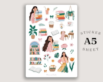 Book Lover A5 Sticker Sheet, Cozy Reading Journal Art, Watercolor Coffee Books Stickers