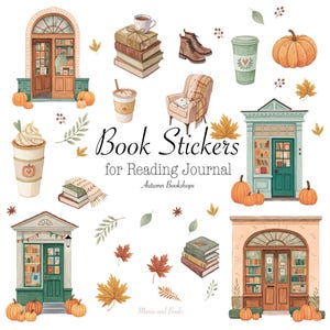 Può includere: Illustrazione ad acquerello di "Adesivi per libri per diario di lettura" con elementi a tema autunnale. Include zucche, foglie autunnali, tazze di caffè, libri, una poltrona accogliente e vetrine. Il design ha un'estetica calda e invitante.