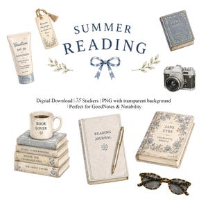 Cozy coastal reading stickers for GoodNotes and digital journaling