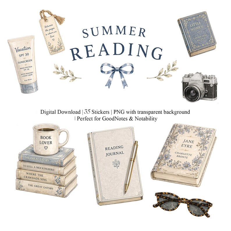 Cozy coastal reading stickers for GoodNotes and digital journaling